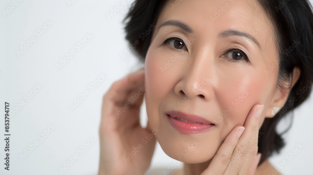 Headshot portrait of gorgeous happy middle aged mature asian woman senior older 50 year lady looking at camera touching her face isolated on white Ads of lifting anti wrinkle skin care : Generative AI Headshot portrait of gorgeous happy middle aged mature asian woman senior older 50 year lady looking at camera touching her face isolated on white Ads of lifting anti wrinkle skin care : Generative AI