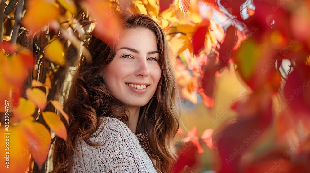 smiling european woman stand in front of colorful leaves : Generative AI smiling european woman stand in front of colorful leaves : Generative AI