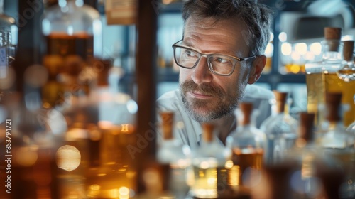 The picture of the perfume maker working inside the laboratory about research and testing new perfume or cologne, the perfume maker require skills like chemistry knowledge and product testing. AIG43.