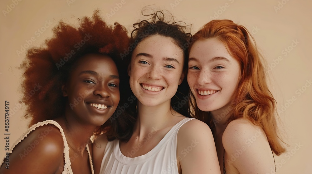 Portrait of women with different skin tones smiling at the camera in a studio Group of happy young women feeling comfortable in their own skin Three body positive young women standing : Generative AI Portrait of women with different skin tones smiling at the camera in a studio Group of happy young women feeling comfortable in their own skin Three body positive young women standing : Generative AI