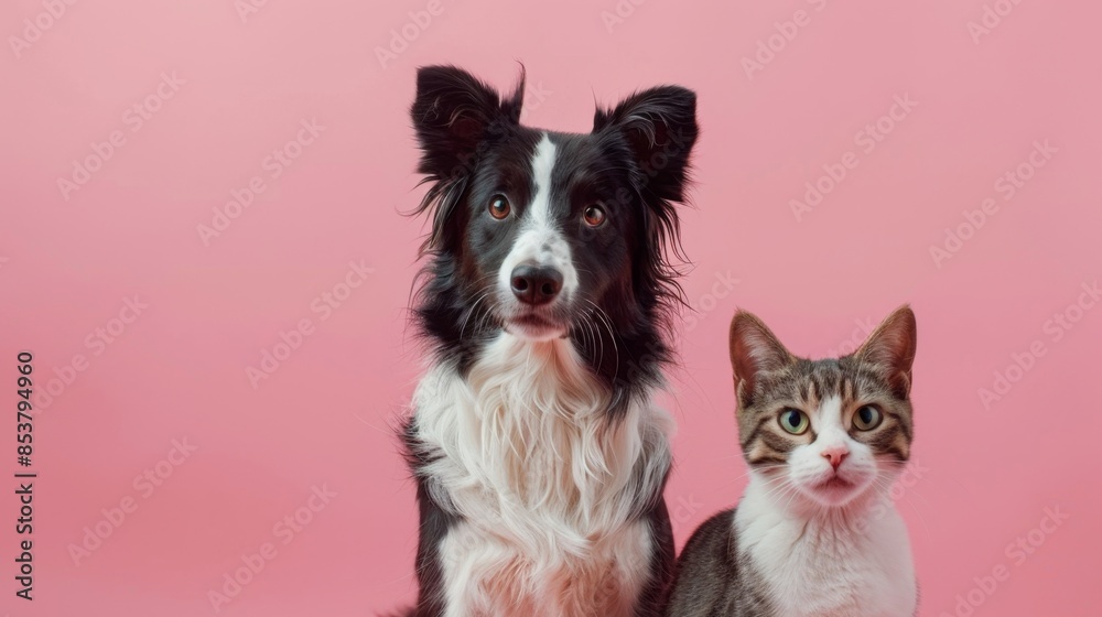Cute Dog and Cat Against Pink Background, Generative AI