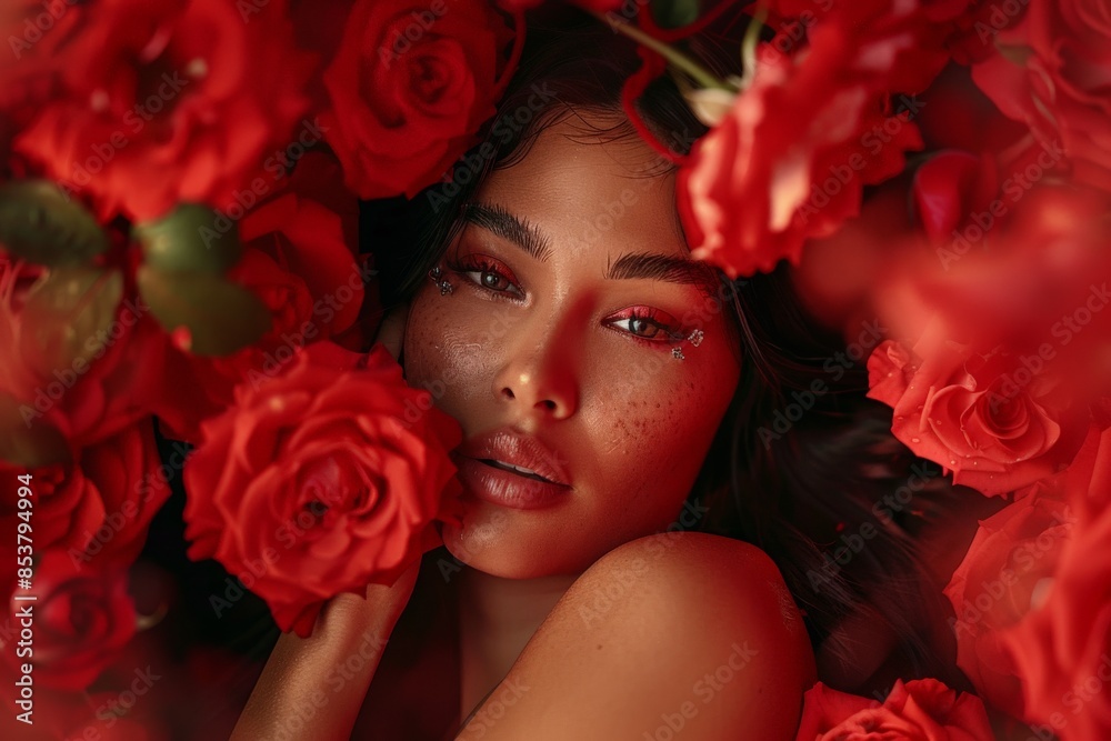 Beautiful Woman in Blooming Roses, Large Flowers, Beautiful Princess, Festive Atmosphere, Copy Space