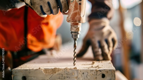 Construction worker using a power drill on a building site, focusing on drilling into a wooden plank, wearing protective gloves. photo