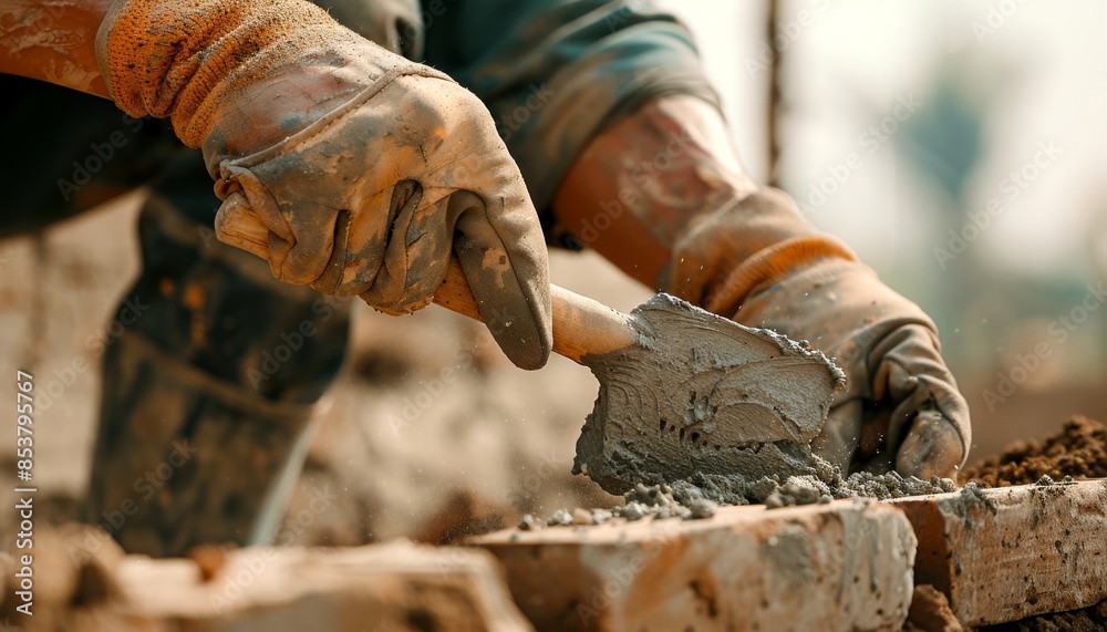 Skilled Worker Applying Mortar to Bricks with Trowel - Construction Industry Concept Skilled Worker Applying Mortar to Bricks with Trowel - Construction Industry Concept