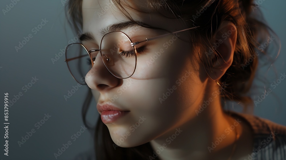 Fototapeta premium Portrait of young woman with glasses and closed eyes : Generative AI