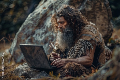 Ancient Stone Age Programmer, Prehistoric Programming, Neanderthal Man Working photo