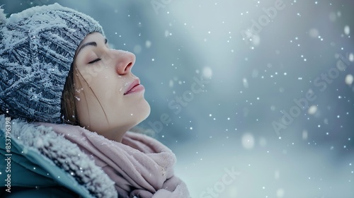 Side beauty portrait of beautiful attractive girl young calm woman is breathing deep deeply fresh air at winter cold frosty snowy day with her eyes closed meditating doing breath exerc : Generative AI photo