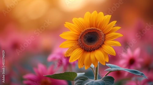 Single sunflower on soft pink background