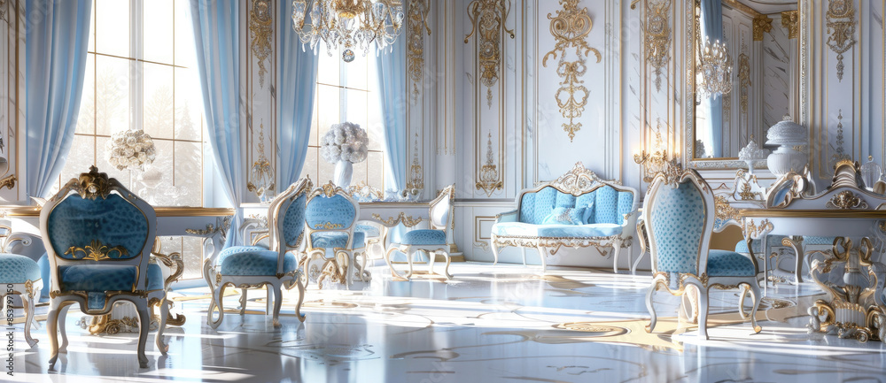 A detailed illustration of an opulent dining room in, featuring elegant ...
