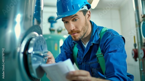 Experienced Plumber Inspecting Newly Installed Water Heater in Utility Room with Precision and Focus on Quality Installation