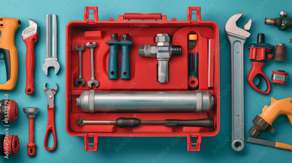 Professional Plumber's Toolbox: Neatly Arranged Tools for Installation Success Professional Plumber's Toolbox: Neatly Arranged Tools for Installation Success