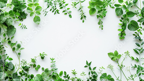 A fresh background with green leaves and floral patterns on a white backdrop, top view, copy space. Various green leaves arranged around the edges on a white background.  © Helen