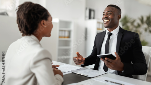 African American HR male manager interviewing young African American female job candidate for hiring in office, copy space