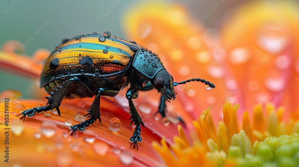 Beetle on Flower Petals: close-up of a beetle on brightly colored flower petals, highlighting the contrast and texture. Leave space for text around the petals. Beetle on Flower Petals: close-up of a beetle on brightly colored flower petals, highlighting the contrast and texture. Leave space for text around the petals.