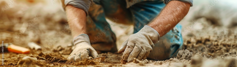 Precise Construction Worker Leveling Ground for Foundation Work with Focus and Dedication Precise Construction Worker Leveling Ground for Foundation Work with Focus and Dedication