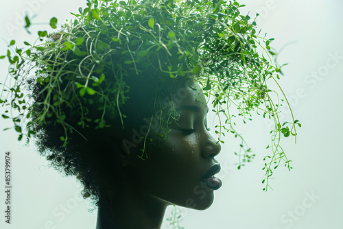 Silhouette of a dark-skinned attractive woman with microgreens in her hair. Concept of mental health or environmental conservation. photo