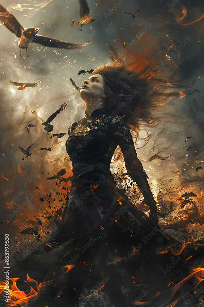 A mesmerizing digital painting featuring a woman in a flowing black dress standing amidst a stormy and fiery landscape. Her hair and dress billow dramatically as birds soar around her, A mesmerizing digital painting featuring a woman in a flowing black dress standing amidst a stormy and fiery landscape. Her hair and dress billow dramatically as birds soar around her,