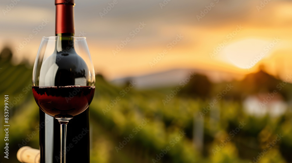 A bottle of red wine is next to a wine glass on a table A bottle of red wine is next to a wine glass on a table