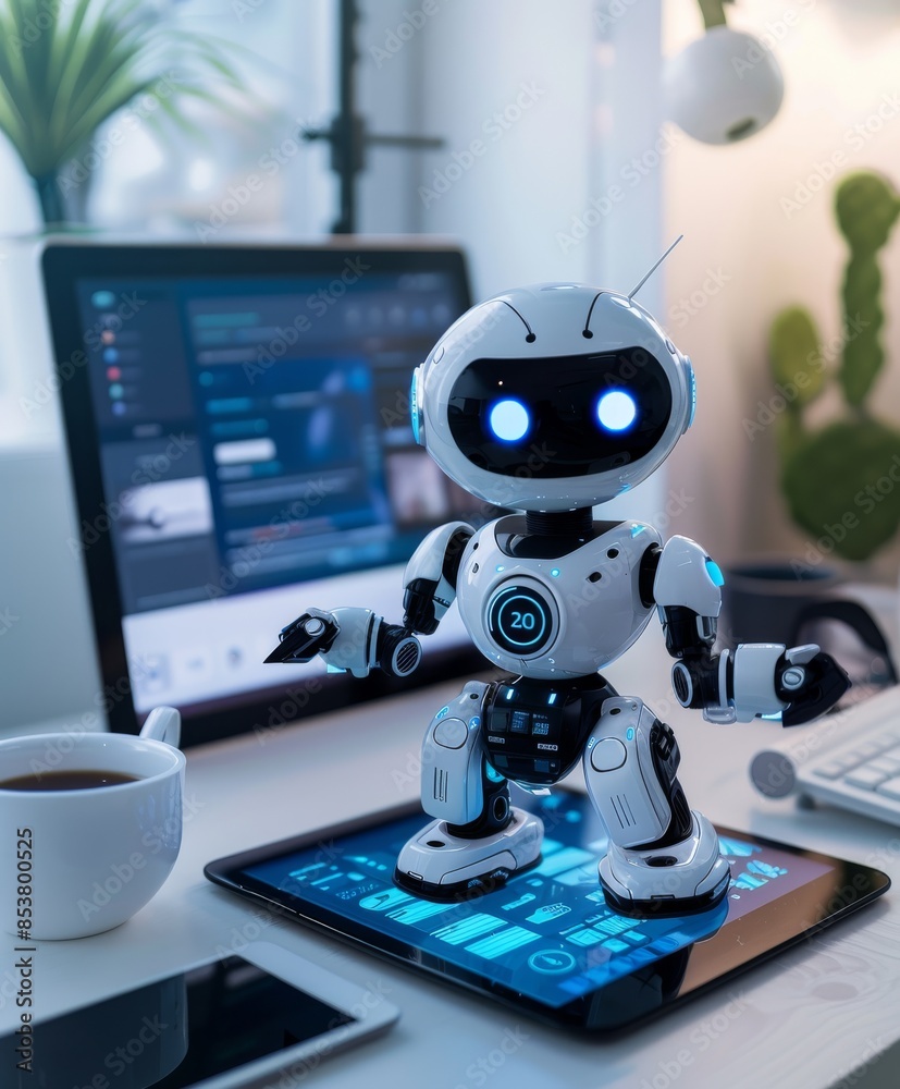 A desk featuring AI social media tools, a tablet, a coffee cup, and a small robot assistant. A desk featuring AI social media tools, a tablet, a coffee cup, and a small robot assistant.