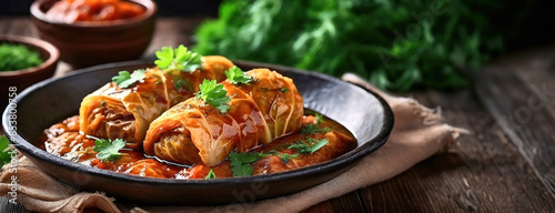 Obraz na płótnie Stuffed cabbage rolls filled with rice on a rustic table, garnished with fresh herbs, offering a delicious and hearty meal presentation. w salonie
