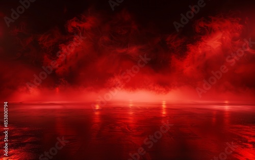 Red light background with fog and smoke, red lighting on a dark black background