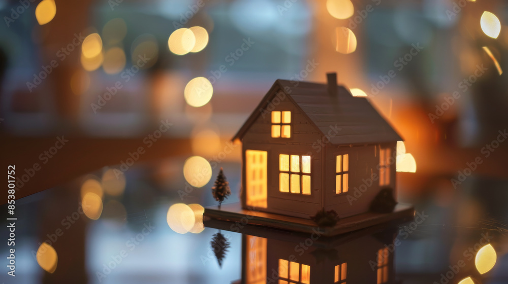 A tiny model house, warmly lit from within, captures a cozy ambiance against a dreamy bokeh background, evoking a sense of tranquility and home. A tiny model house, warmly lit from within, captures a cozy ambiance against a dreamy bokeh background, evoking a sense of tranquility and home.