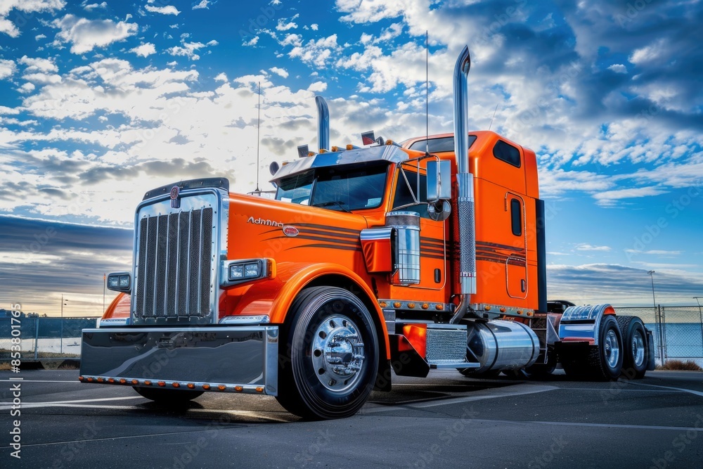 A large orange semi truck is parked in a parking lot A large orange semi truck is parked in a parking lot