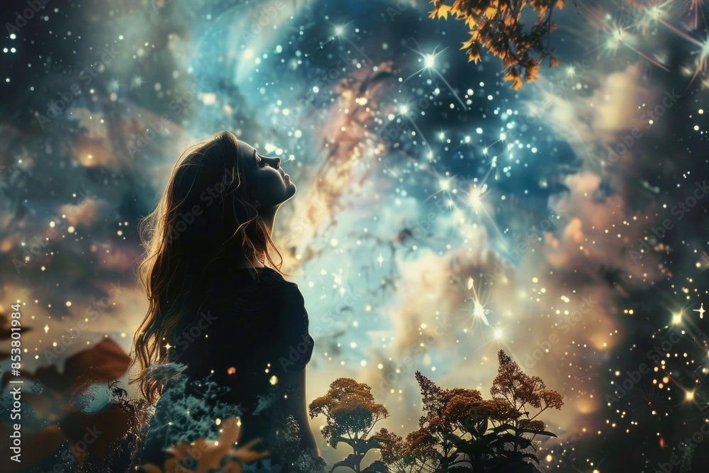 A woman is standing in a field of trees and stars A woman is standing in a field of trees and stars