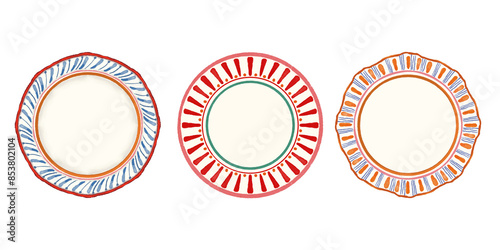 plate, dish decoration, restaurant decoration, retro, vintage, summer, ceramic, pattern cafe hand drawn illustration on transparent background