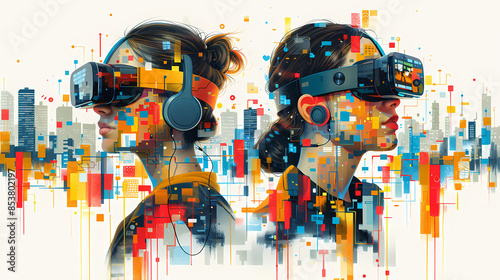 Colorful digital art illustrating the fusion of technology and innovation with virtual reality and augmented reality. Two women with VR headsets and AR applications, immersive tech experiences.