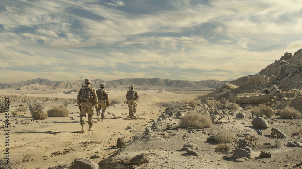 Soldiers navigate a desolate desert terrain peppered with scrubs and rocks, under an expansive sky. Soldiers navigate a desolate desert terrain peppered with scrubs and rocks, under an expansive sky.