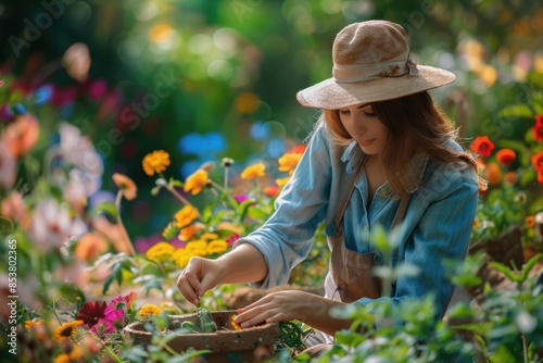 A woman is tending to a garden, wearing a straw hat and blue shirt © Hanna