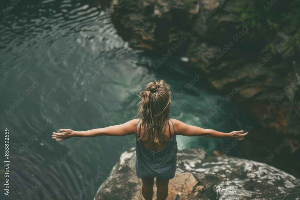 Fototapeta premium A woman is standing on a rock near a body of water, with her arms outstretched
