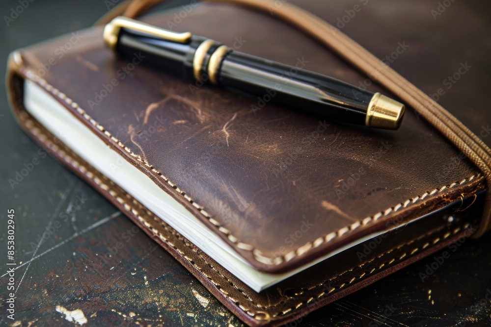 A leather bound notebook with a pen on top of it A leather bound notebook with a pen on top of it