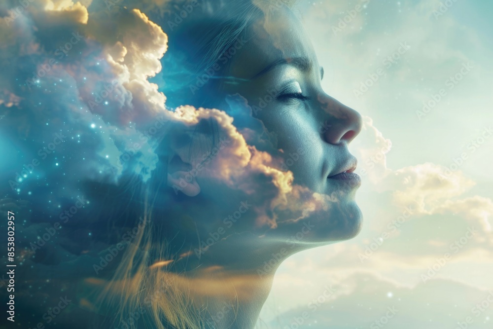 A woman's face is shown in a dreamy, ethereal way, with clouds A woman's face is shown in a dreamy, ethereal way, with clouds