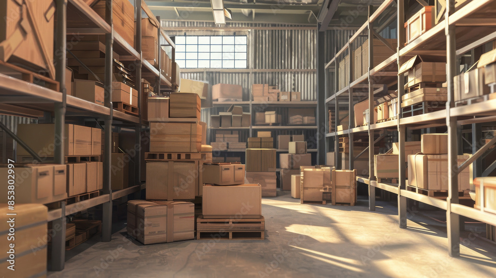A sunlit warehouse filled with various boxes and packages, depicting an organized and efficient storage system. A sunlit warehouse filled with various boxes and packages, depicting an organized and efficient storage system.
