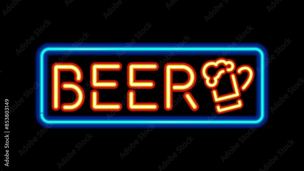 Video of Neon Illuminated Beer Lettering and Beer Glass in Blue Colored Frame. Blinking Text Lights. Video of Neon Illuminated Beer Lettering and Beer Glass in Blue Colored Frame. Blinking Text Lights.
