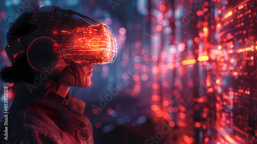 Explore the intersection of technology and innovation of a woman using VR headsets and AR applications. Highlighting virtual reality and augmented reality, a futuristic vision of immersive tech.