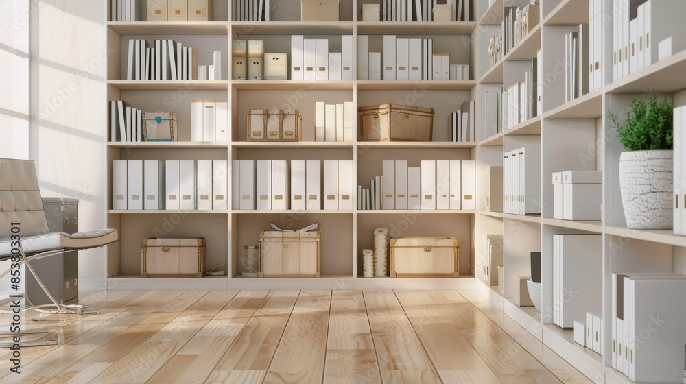 A modern office's shelving unit loaded with systematically arranged books and documents, highlighted by the warm glow of daylight. A modern office's shelving unit loaded with systematically arranged books and documents, highlighted by the warm glow of daylight.