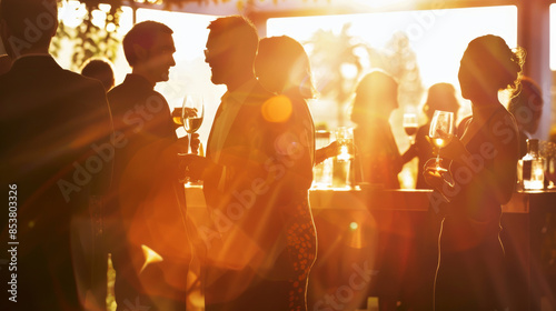 Groups of people stand together talking and drinking in a warmly lit bar, exuding a festive and engaging atmosphere during an evening event.