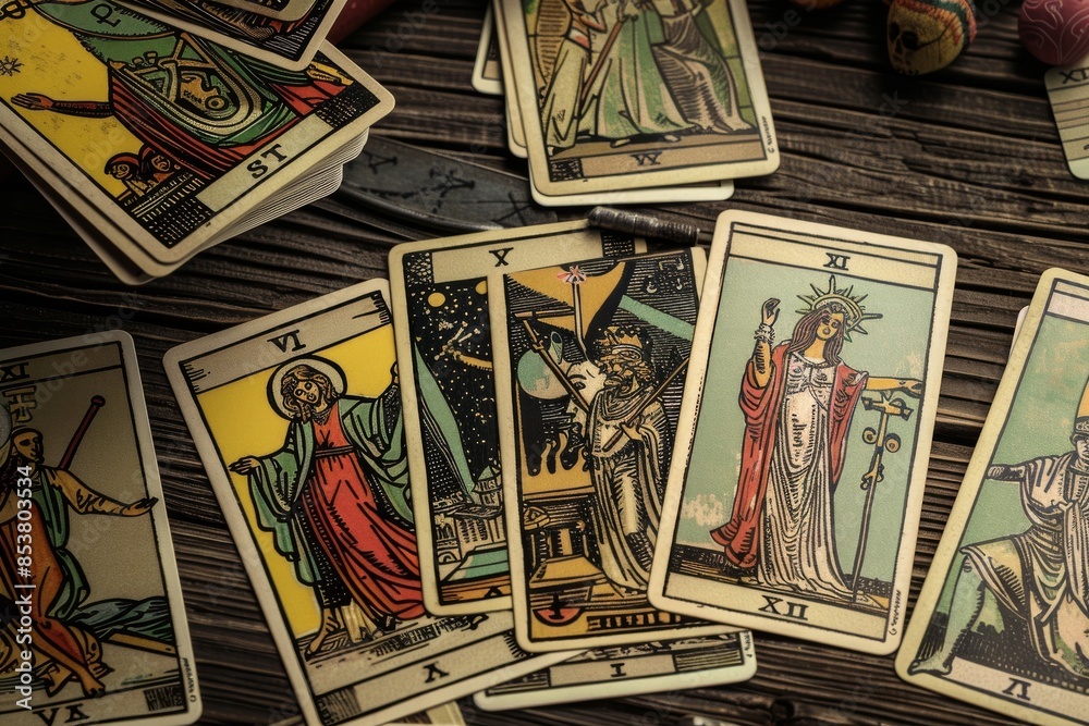 Tarot cards spilled on wooden surface Tarot cards spilled on wooden surface