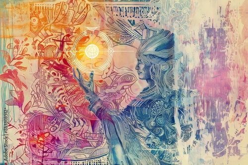 Abstract watercolor artwork of a female figure with glowing orb