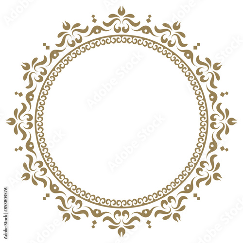 Gold vintage frame border ornament vector. Ethnic seamless round pattern. Mandala Floral Baroque. Classic antique ornate element. Decorative border for frame, textile, fabric, rug, tattoo, ceramic.