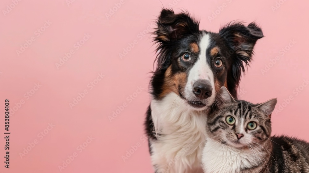 Fototapeta premium Adorable Dog and Cat Together on Pink Background, Generative AI