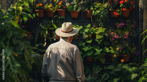 Senior Man Tending to Vertical Garden with Vibrant Flowers. Generative AI photo