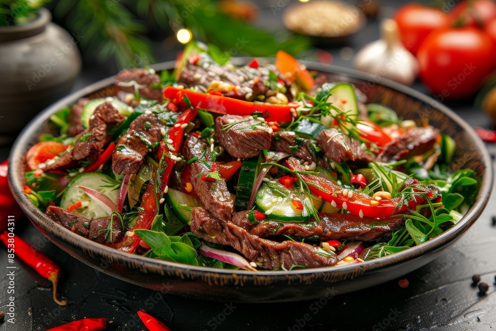 Spicy Beef Salad with Greens, Sweet Pepper, Tomato, Cucumber, Sesame, Garlic and Chili, Winter Salad Spicy Beef Salad with Greens, Sweet Pepper, Tomato, Cucumber, Sesame, Garlic and Chili, Winter Salad