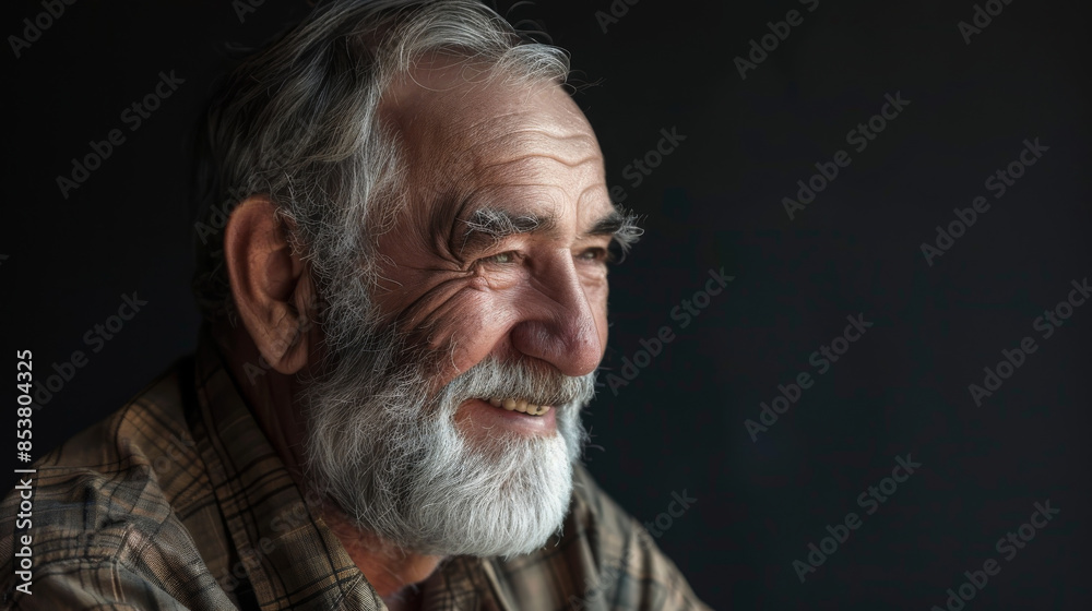 An elderly man with a beard and plaid shirt smiles gently, capturing a moment of serene contentment against a dark backdrop. An elderly man with a beard and plaid shirt smiles gently, capturing a moment of serene contentment against a dark backdrop.