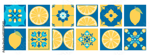 Abstract geometric decorative pattern with lemons. Floral arabesque. Italian, Portuguese, Spanish blue and yellow tiles background. Mediterranean traditional style. Mosaic. Vector illustration