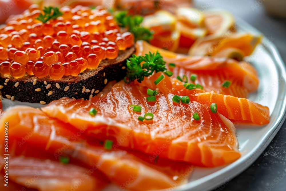 Fish Platter with Light-Salted Salmon, Smoked Salmon, Red Caviar and Black Bread Toast Fish Platter with Light-Salted Salmon, Smoked Salmon, Red Caviar and Black Bread Toast