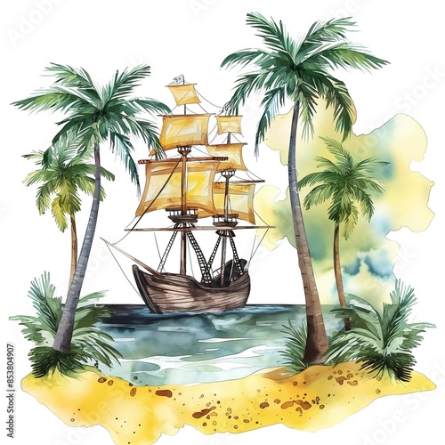 a watercolor illustration with a pirate ship sailing on the sea, surrounded by palm trees and yellow sand isolated on white background
